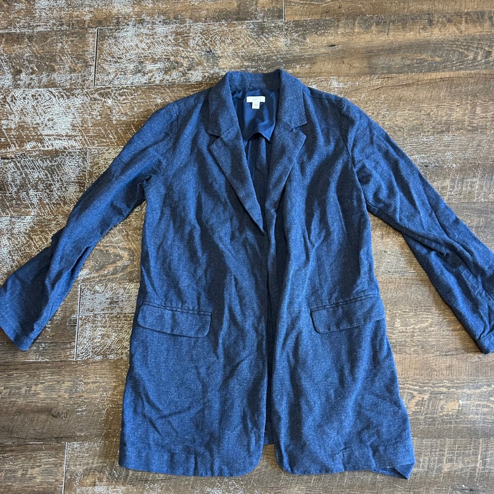 J. Jill Blue Cotton Rayon Longline Open Front Blazer Jacket Small Roll  Sleeves